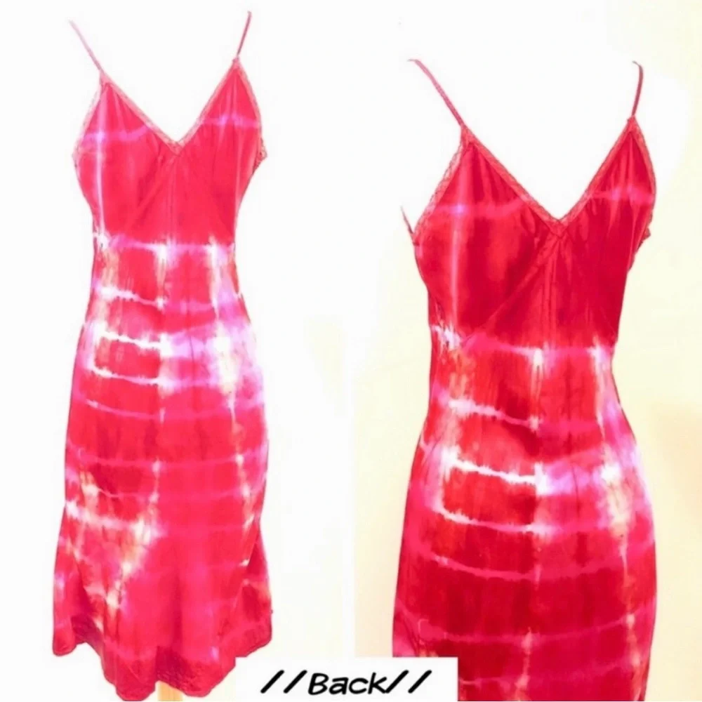 1940’s Hand Dyed Bright Pink Silk Slip Dress, Vintage Tie Dyed Slip Dress, S/M - Picture 4 of 8